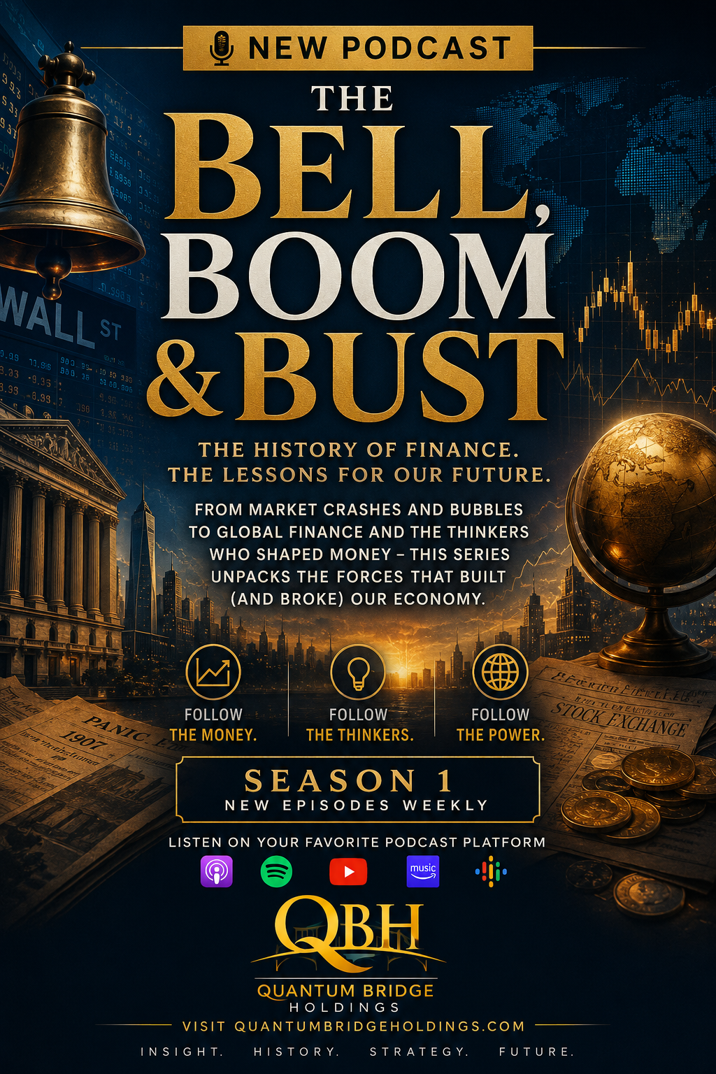 The Bell, Boom & Bust dark Season 1 podcast poster