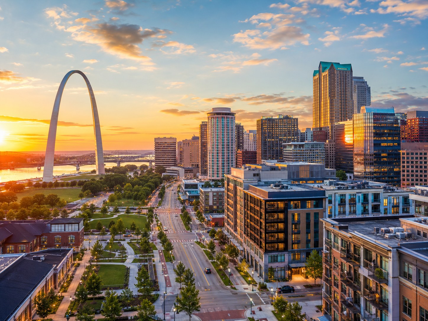 Illustrative modern downtown St. Louis skyline with redevelopment momentum