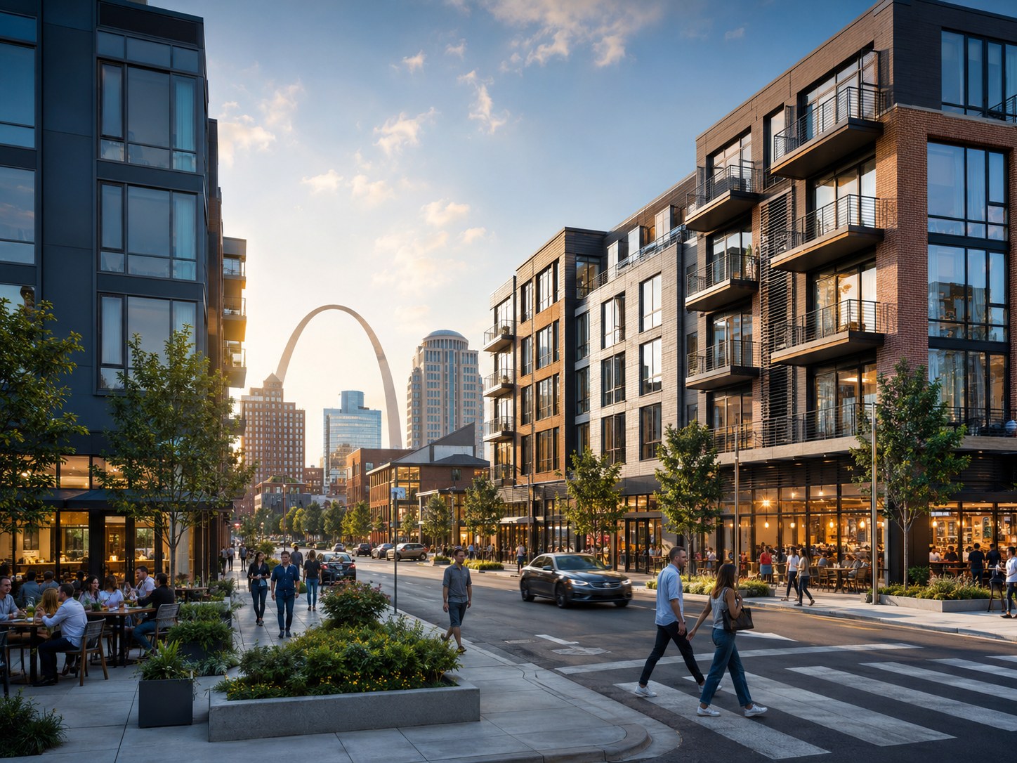 Illustrative walkable downtown St. Louis commercial corridor with the Gateway Arch in view
